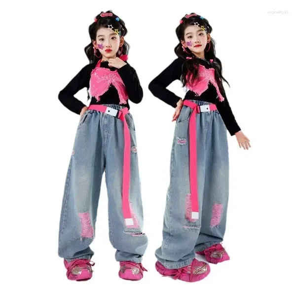 Set di abbigliamento per ragazze maglietta a maniche lunghe jeans street danza danza abiti da ballo hip hop abito hip hop per bambini costumi di moda