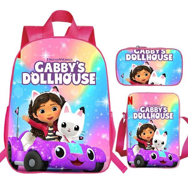 Rucksäcke niedliche Gabbys Dollhouse Schoolbag -Rucksäcke für Schüler Jungen Jungen zurück in die Schule Geschenkköpfchen 3 PCs Set Children Schultaschen