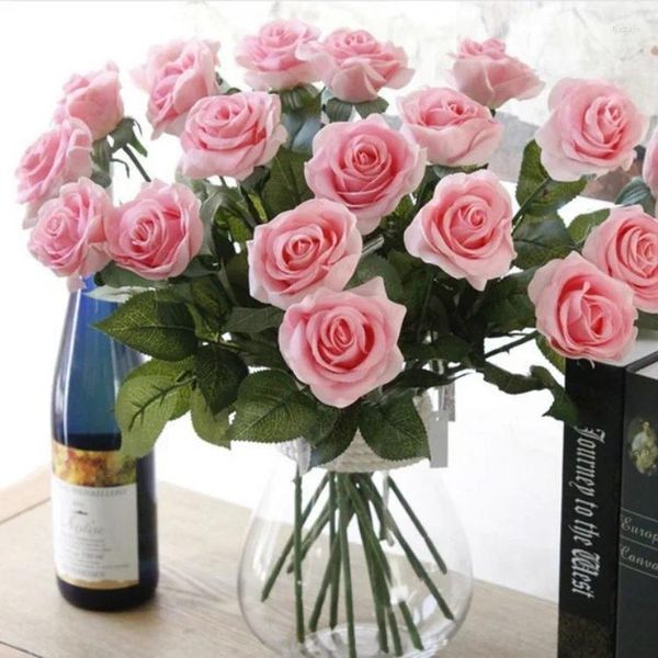 Flores decorativas 7pcs Faux hidratante rosa toque real decoração de casamento artificial Bouqet Rosas falsas Festa de casa floral