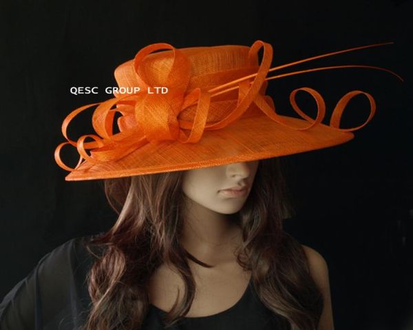 Big Orange Orange Brim Brim Sinamay Cappello con strisce di piuma di struzzo per gare di nozze3943152