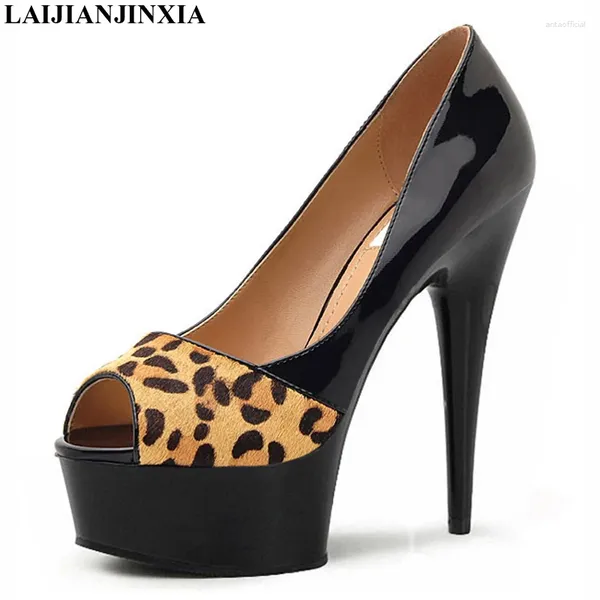 Отсуть обувь Laijianjinxia 6 -дюймовый сексуальный леопардовый принт высокие каблуки с платформой Crystal 15 см. Леди Экзотическая танцовщица Peep Toe Pumps