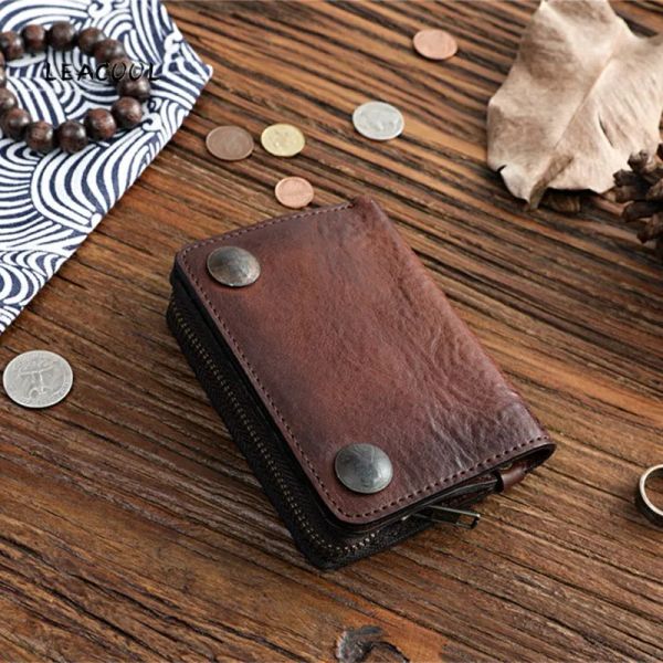 Portafogli Leacool vintage portafoglio in pelle vera fatta a mano per uomini Portali corti con cerniera bifold borsetta con tasca