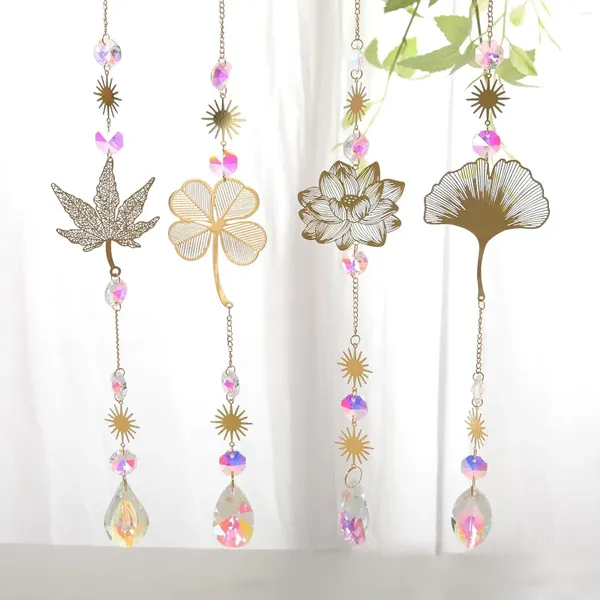 Estatuetas decorativas 4pcs Cristal Wind Chime Rainbow Catcher Lotus Flor Folhas Janela Prism pendurada Decoração Home Garden Christmas Tree Gifts