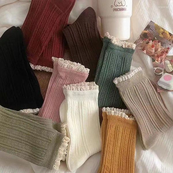 Frauen Socken Feste Farbspitzen -Twist in gekämmter Baumwolle Frühling jk japanische süße Herbst- und Wintermädchenstrümpfe