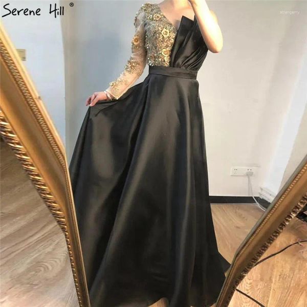 Partykleider Serene Hill Black Satin One Schulter sexy Abendkleid 2024 handgefertigte Blumen Perlen a-line formelles Kleid CLA70325