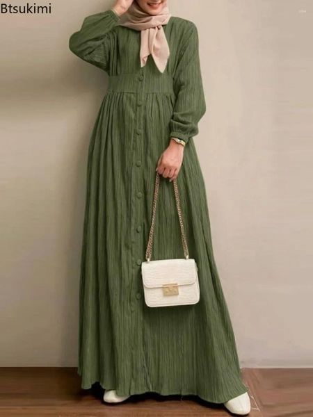 Lässige Kleider 2024 Frauen Vintage Langarm Muslim Maxi Kleid Herbst Elegante Knöpfe Down Sundress Dubai Islamische Kleidung Abaya