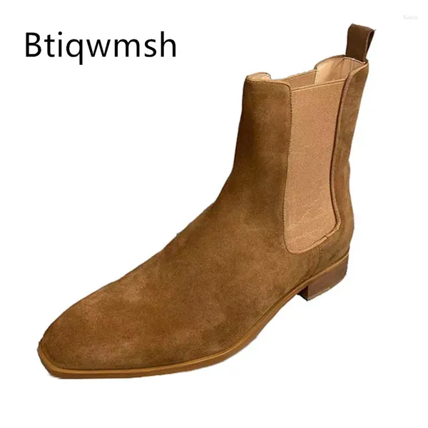 Sapatos de vestido botas marrom boots homem pontudo dedo de camurça real salto baixo