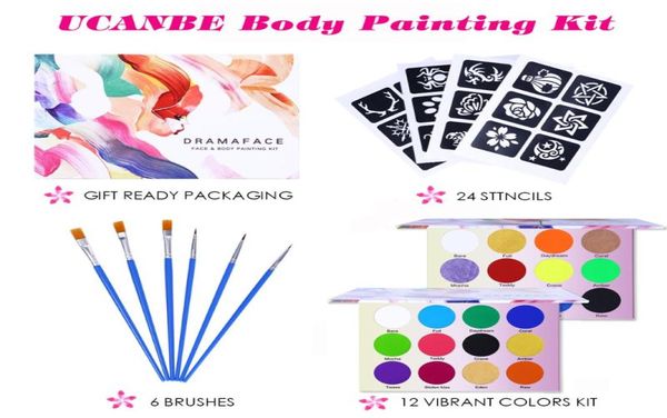 Ucanbe Neon Face Body Paint Tattoo Kit con 24 stencil e 6 pennelli Halloween Festival Festival Fancy Masct Dress Painting Art2858696