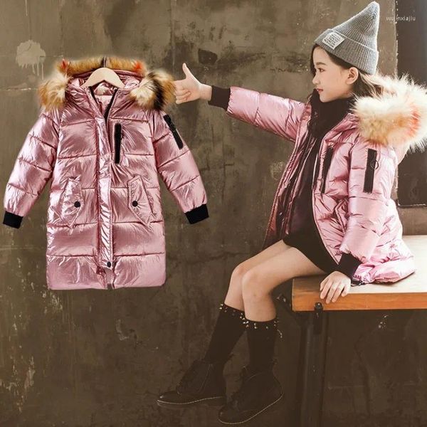 Вниз пальто зимняя хлопчатобумажная куртка для детей теплые девушки с меховым воротником Длинной флуоресцентный цвет детей
