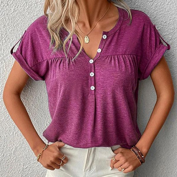Blouses feminina moda de tamanho grande camiseta de verão de manga curta tops tops casual cor sólida de-dequela em V feminino