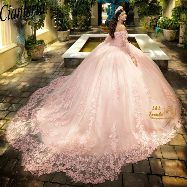 Розовый от плечевых перьев с мячом платья Quinceanera платья с длинным рукавом кружев