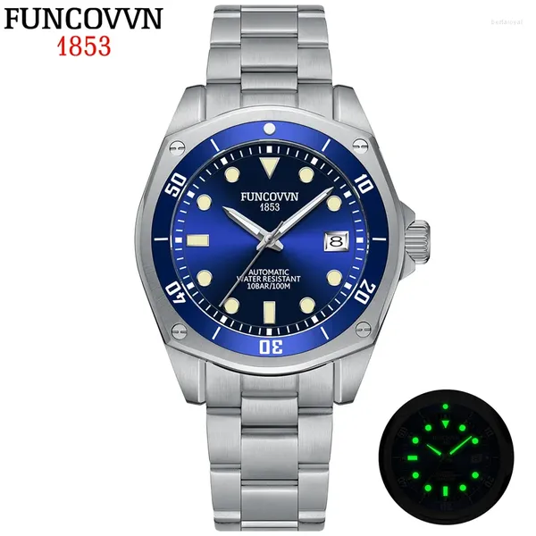 Relógios de pulso funcovvn automático NH35 Men assista relógio luminoso de 42,5 mm de gama à prova d'água de vidro de vidro de 100m de mergulho Reloj Hombre