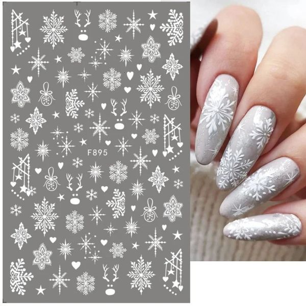 3D Decalques de arte de unhas de floco de neve Branco Designs de Natal Adesivos Auto Adesivo Ano Gelas de Gel de Inverno Decorações Sliders Decorações LAF895 240418