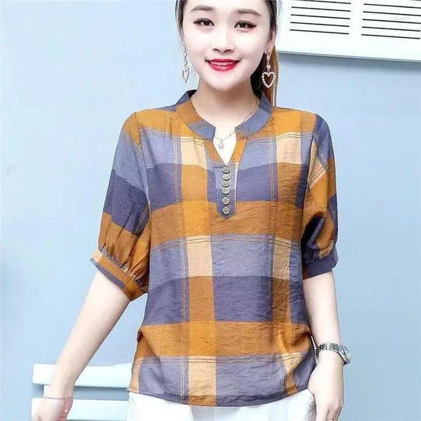 Camicette da donna Summer Cotton Plaid camicetta a maniche corte a maniche corta camicia da controllo sciolto lady corean top