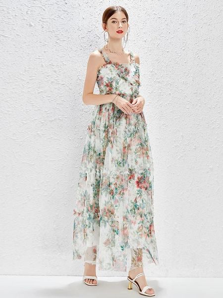 Vestidos casuais femininos vestido de malha floral de festas verão 2024 designer pista de espaghetti strafles buffles slash pescoço tule maxi n3069