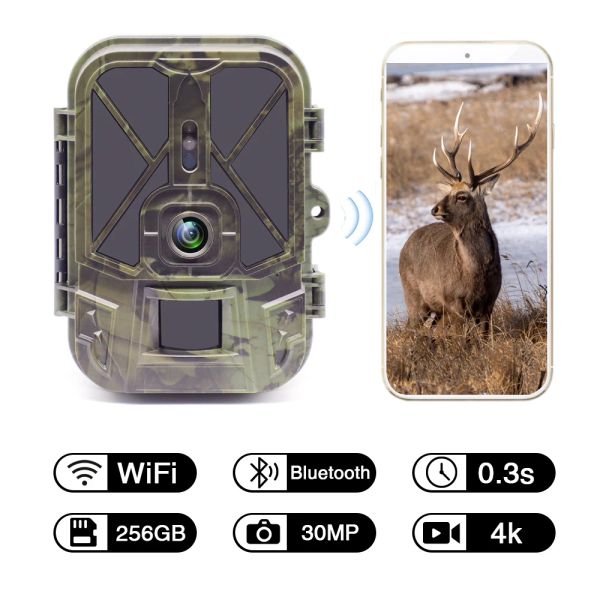 Камеры 4K 30MP Live Stream Wi -Fi Trail Camera App Bluetooth Hunting Camers с 10000 мАч Libattery Night Vision Wi -Fi940poli