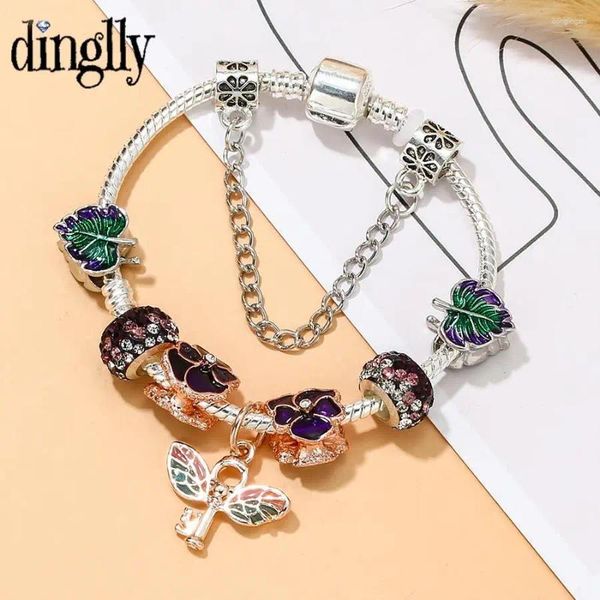 Charm Armbänder dinglly lila Blumenkristall für Frauen DIY Flügel Schlüssel Anhänger Blatt Perlen Bangle Kinder Schmuck Geschenk