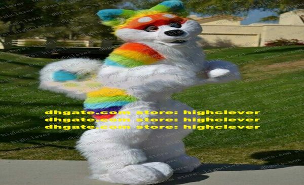 Long Fur Furry Rainbow Husky Dog Wolf Fox Fursuit Mascote Fache de Caracteres de Cartoon Adultos Aberto Um Negócio ZX2984629681
