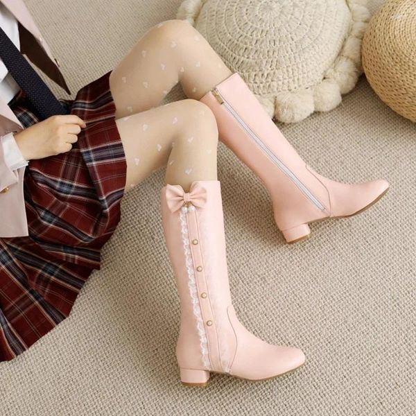 Stiefel Prinzessin Girls Knreihe Frauen süße Kawaii Spitze Rüschen jk lolita cosplay süßes Bogenknot Perlen Schuhe Plus Größe 28-43