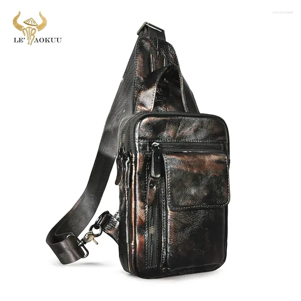 Bel Çantaları Doğal İnek Deri Erkekler Vintage Kahve Seyahat Üçgen Göğüs Sling Bag Tasarımı 8 