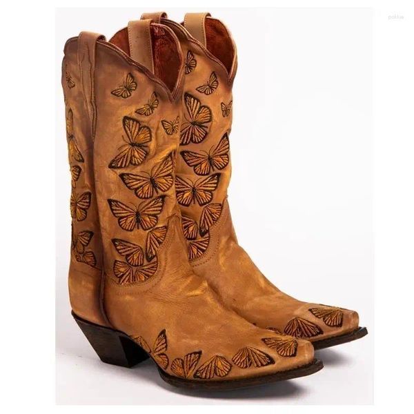 Boots Butterfly Butterfly Butterfly Women Woman Women Knee Knee High Handmade Leather Cowboy Tamanho grande