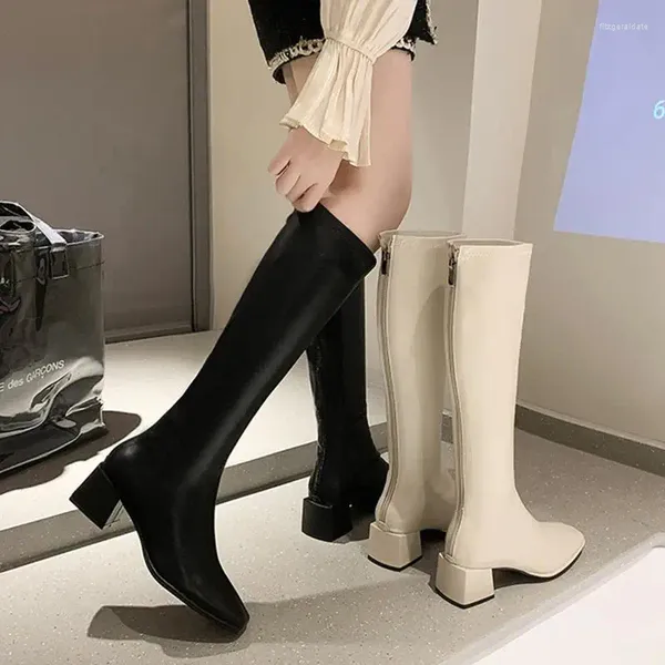 Botlar Uzun Kadın Diz Uzunluğu Sonbahar Kış 2024 Moda Square Head Peluş Sıcak Lady Kalın Yüksek Topuklu Ayakkabı 35-42