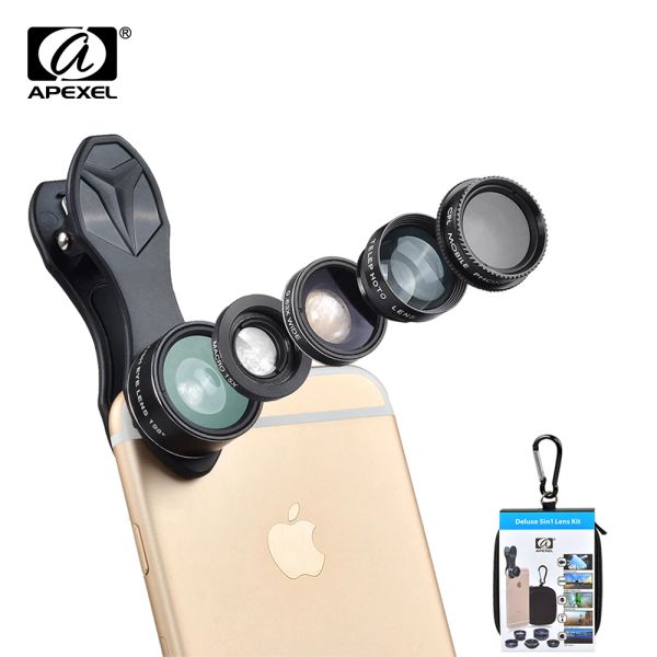 Teleskoplar Apexel 5 In 1 Fisheye Geniş Açılı Makro Lens Teleskop Telefoto Lens CPL Cep Telefonu Mini Kamera lensi iPhone Samsung Xiaomi