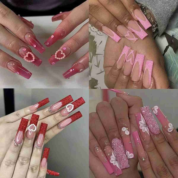 False unhas 24pcs Dia dos namorados unhas falsas unhas artificiais rosa unhas de balé de caixão comprido vestível com cola presa nas unhas acrílicas y240419