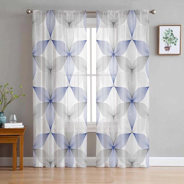 Cortina Arte moderna Padrão geométrico Blue Sheer Tulle Curtains para sala de estar Valance Cozinha Janela Voile Drapery