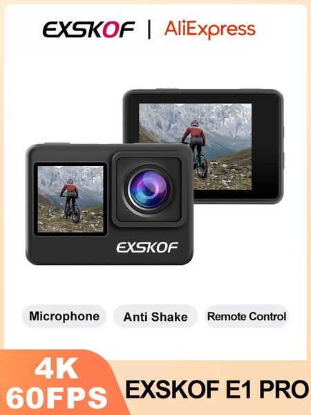 Câmera de ação 4K 60fps Exskof E1 Pro 4K60FPS 4X Digital Zoom Wi -Fi Impermeável Moto Capace