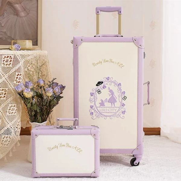 Set caldi! Nuova valigia in pelle retro Women Women Purple Travel Board Boarding Box Girls Girls Rolling Bagugh Set di bagagli di alta qualità