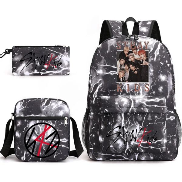 Mochilas KPOP 3pcs Stray Kids Backpack Bolsa Crossbody Bolsa Lápis Saco de viagem Bolsa estudantil Bolsa Hyunjin Felix MackA