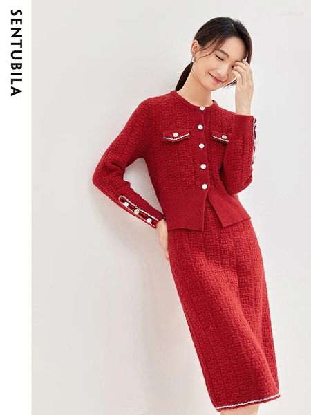 Vestidos de trabalho Sentubila malha saia de duas peças Women 2024 Spring Autumn Red Cardigan Jacket Top Woman Woman Midi Skirts Conjuntos W33Z51901