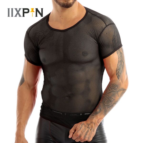 Acquari iixpin maschi sexy mesh velerough camicie a maniche corte nightclub da nightclub club abbigliamento camicia camicia camicia da camicia da pesce thirt