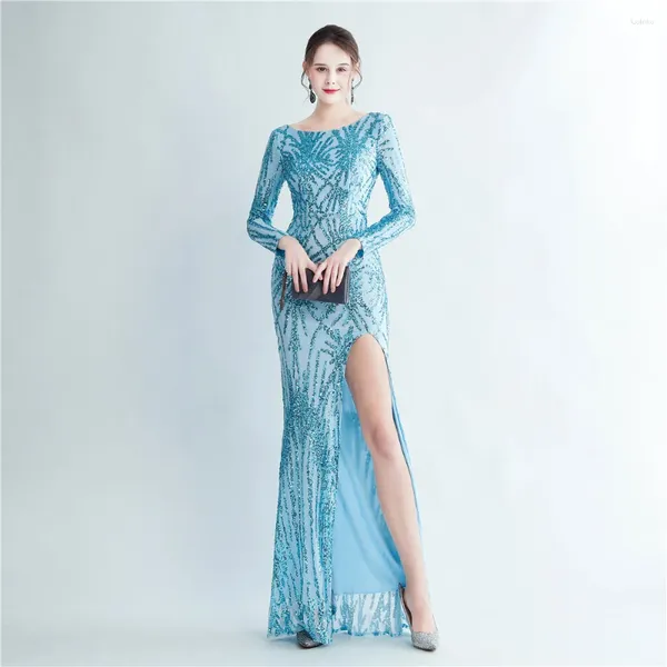 Платья для вечеринок детские голубые рукава русалка вечернее платье с высоким расщеплением эластично -блестящее