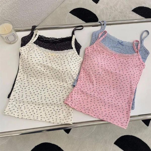 Camisoles Tanks Summer Print Tops для женщин Bow Lace Camisole Sexy Blackless Vest с прокладками Basic Top Style Camis Streetwear