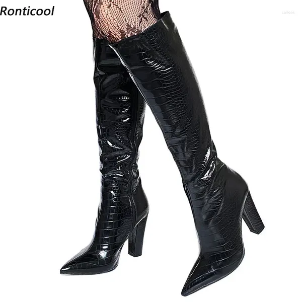 Stiefel Ronticool Frauen Winter Knie Seite Reißverschluss klobige Absätze speicherte Zehen elegante schwarze Gold Party Schuhe und US-Größe 5-15