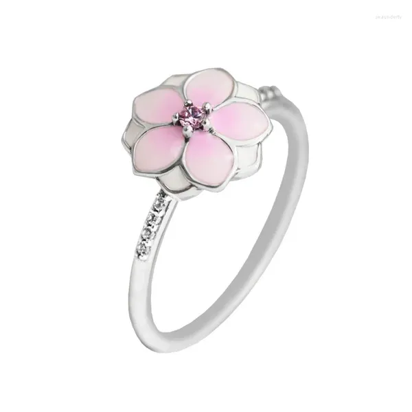 Ringos de cluster Magnolia Bloom for Women 925 Sterling Silver Jewelry Color Pink esmalte as meninas da primavera