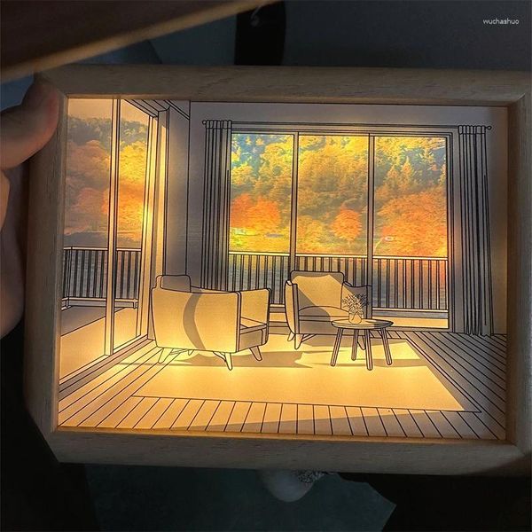 Lâmpadas de mesa Ins decora Pintura LED Nihgt LiHgt plugue USB Creative Simulate Sunshine Dimming Wall Artwork Indoor Window Wooden Po para presente