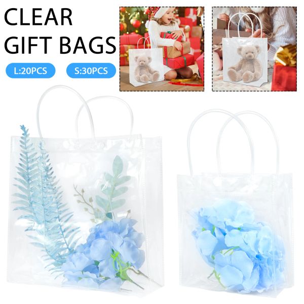 Enrole 20/30pcs sacos de presente transparentes reutilizáveis bolsas presentes transparentes com alça e botão pequeno/médio PVC Gift Tote Sags