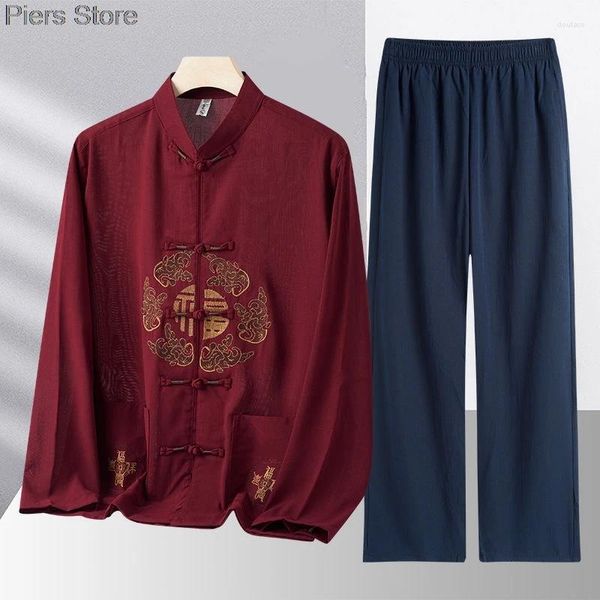 Bühnenverschleiß Plus -Größe Männer Anzug Stickerei Tang Frühling Herbst 2pcs Hemdpantolate Chinese Traditionelle Tai Chi Kleidung 3xl 4xl
