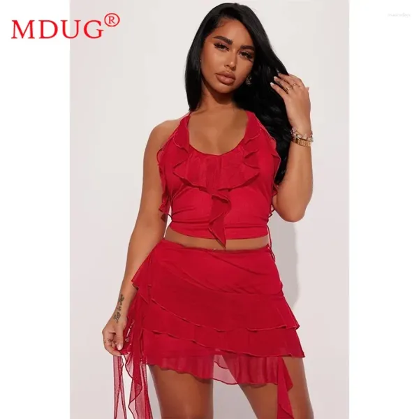 Arbeitskleider Sommer zweiteiliger Kleid Sets Frauen sexy Mesh schiere Halfter Weste Rock Anzüge Rüschen y2k weibliche Kleidung M13058