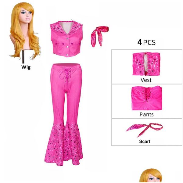 Roupas de roupas figurinos de caráter boneca de boneca barbi colet e calças definidas para garotas rosa sweet margot robbie filme vestido dro dhsxv