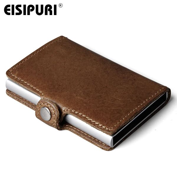 Titulares Eisipuri Men bloqueando a carteira RFID Mini Genuine Cow Couather Aluminium Credit Holder Burse Automatic Pop -Up Card