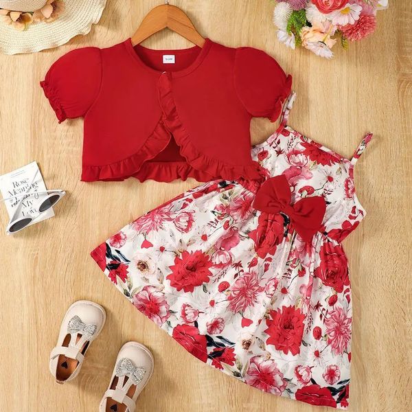 2pcs crianças roupas meninas vestido de esteira vestido floral de mangas curtas sólidas fantasia de sobretudo verão para crianças menina 16 anos 240418