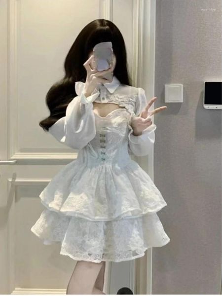 Arbeitskleider Frauen Zwei Stücke Sets Ernte Overshirt weiße Gurt Spitze Kleid Casual Y2K Mini Koreanischer Anzug Anzug Chic 2024 Sommeroutfits
