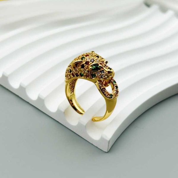 Designer modische mittelalterliche Vintage Kupfer plattiert wahres Goldwachs -Set Buntes Zirkonium Carter Cheetah Öffnen verstellbarer Ring