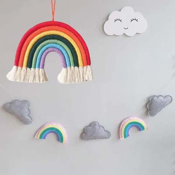 Dekorative Figuren Makrame Regenbogen 7 Farben Wanddekoration für Schlafzimmer Kindergarten Baby Kinder Zimmer Hand Wellen Wandteppich Quaste Quaste Hanging Nordic Style