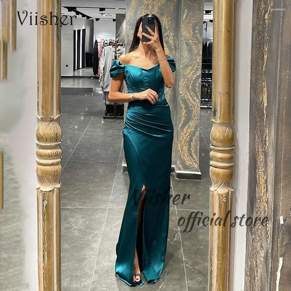 Partykleider Viisher Green Satin Meerjungfrau Abend aus Schulter schaufeln enge langen Abschlussballkleid mit Schlitzfrauen