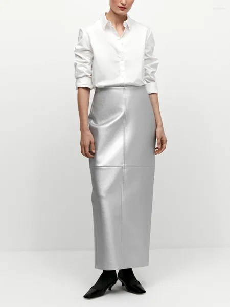 Signe in pelle oro in pelle per donne 2024 Fashion High Waist Office Long Skirt Casual Classic Female Abbigliamento femminile